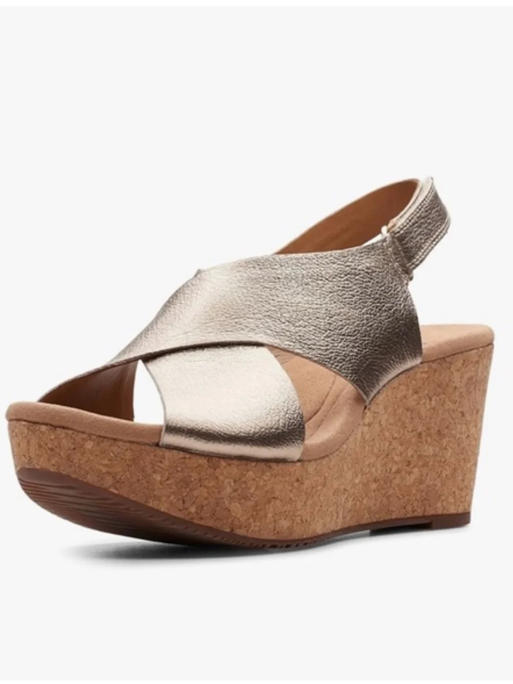 Clark’s Annadel Eirwyn metallic gold leather adjustable cork wedge sandals 7.5